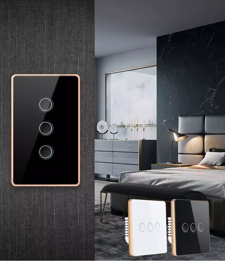 Smart WiFi Touch Wall Switch 3 Gang – US Standard, Black Tempered Glass with Gold Aluminum Frame, Works with Tuya & Smart Life, Compatible with Alexa & Google Home, 10A 220V