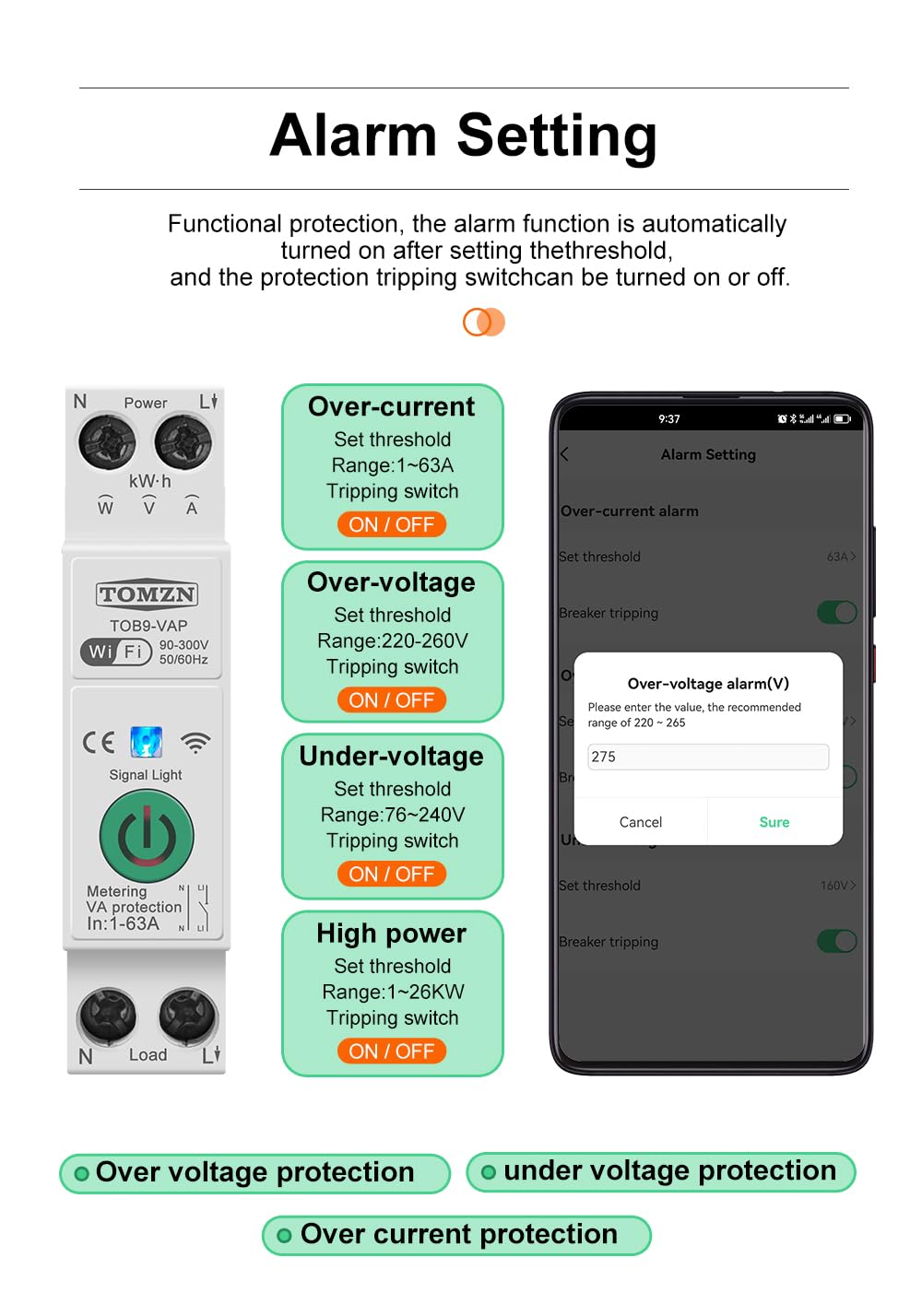 TOMZN Smart Circuit Breaker works on Tuya Smart life adjustable 1-63A (Conector)