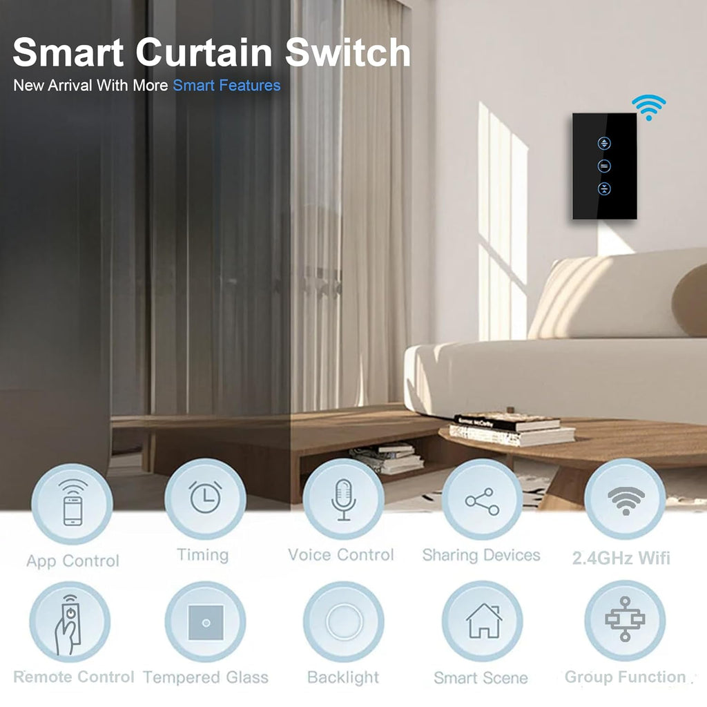 Smart Curtain or Shutter Wi-Fi Touch Switch | Smart Life App & Tuya App (Black)
