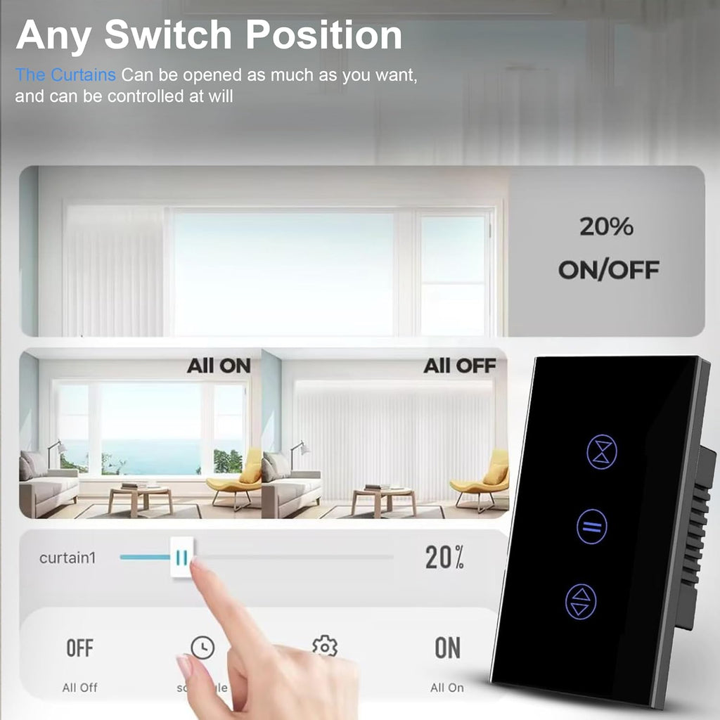 Smart Curtain or Shutter Wi-Fi Touch Switch | Smart Life App & Tuya App (Black)