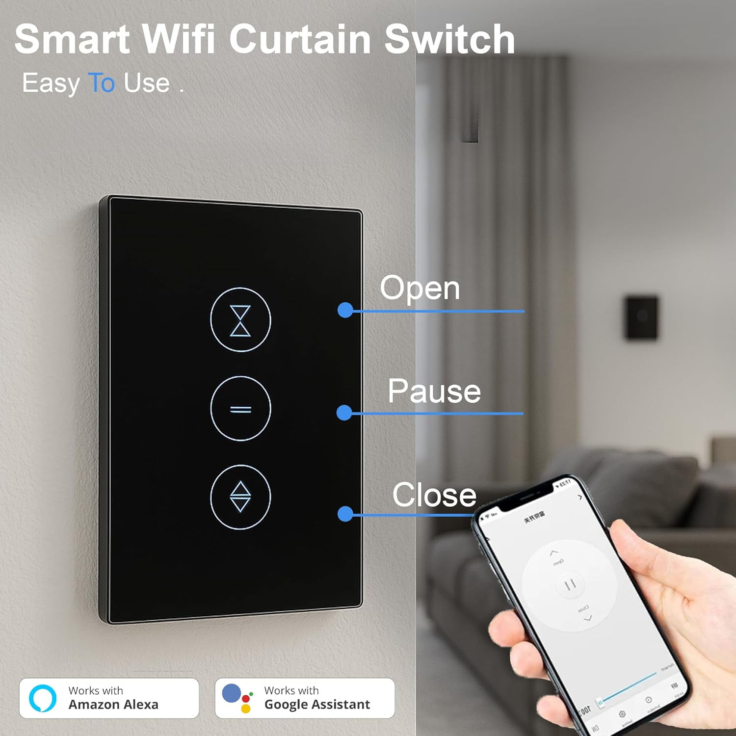 Smart Curtain or Shutter Wi-Fi Touch Switch | Smart Life App & Tuya App (Black)