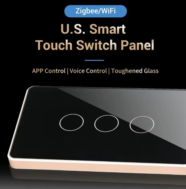 Smart WiFi Touch Wall Switch 3 Gang – US Standard, Black Tempered Glass with Gold Aluminum Frame, Works with Tuya & Smart Life, Compatible with Alexa & Google Home, 10A 220V