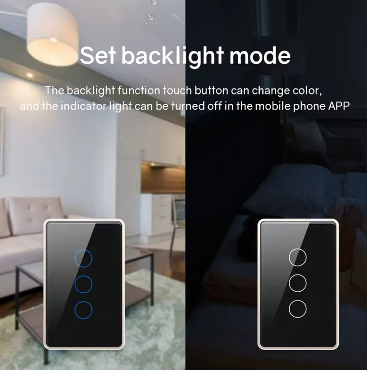 Smart WiFi Touch Wall Switch 3 Gang – US Standard, Black Tempered Glass with Gold Aluminum Frame, Works with Tuya & Smart Life, Compatible with Alexa & Google Home, 10A 220V