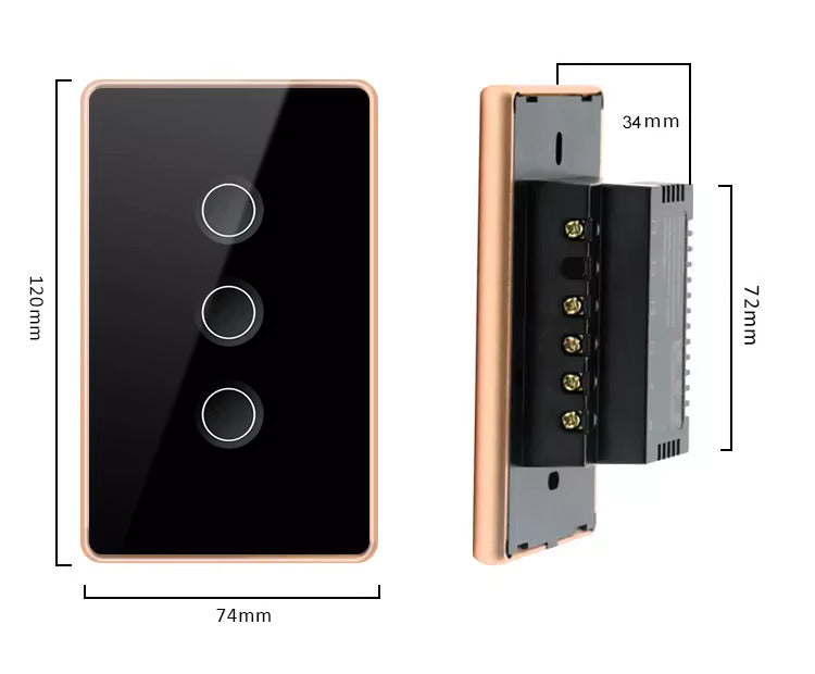 Smart WiFi Touch Wall Switch 3 Gang – US Standard, Black Tempered Glass with Gold Aluminum Frame, Works with Tuya & Smart Life, Compatible with Alexa & Google Home, 10A 220V