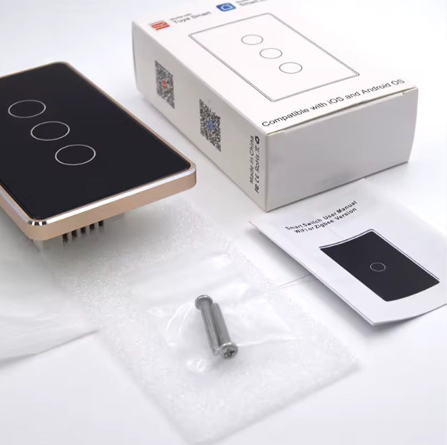 Smart WiFi Touch Wall Switch 3 Gang – US Standard, Black Tempered Glass with Gold Aluminum Frame, Works with Tuya & Smart Life, Compatible with Alexa & Google Home, 10A 220V