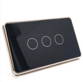 Smart WiFi Touch Wall Switch 3 Gang – US Standard, Black Tempered Glass with Gold Aluminum Frame, Works with Tuya & Smart Life, Compatible with Alexa & Google Home, 10A 220V