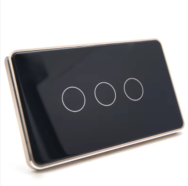 Smart WiFi Touch Wall Switch 3 Gang – US Standard, Black Tempered Glass with Gold Aluminum Frame, Works with Tuya & Smart Life, Compatible with Alexa & Google Home, 10A 220V